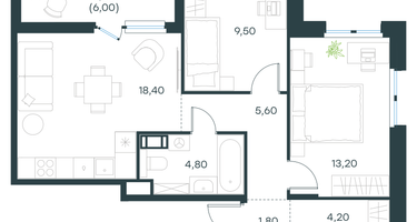 2-к. квартира, 60 м²