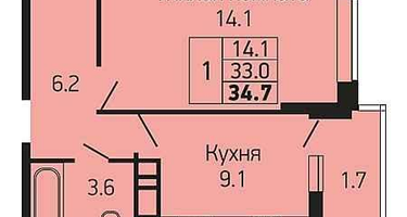 1-к. квартира, 34,6 м²