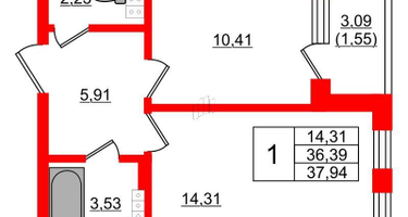 1-к. квартира, 37&nbsp;м²