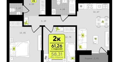 2-к. квартира, 61&nbsp;м²