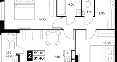 2-к. квартира, 61 м²
