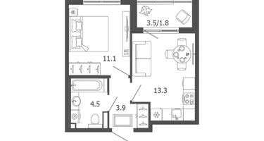 1-к. квартира, 34&nbsp;м²