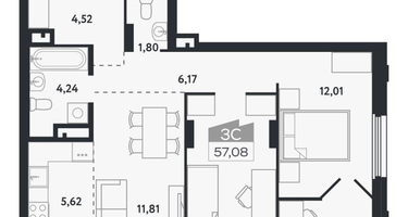 3-к. квартира, 57 м²
