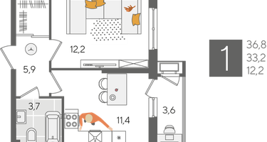 1-к. квартира, 36 м²