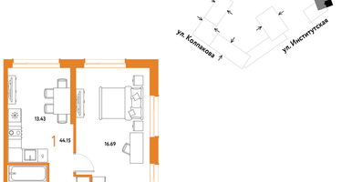 1-к. квартира, 44 м²