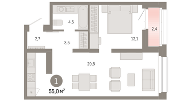 1-к. квартира, 55&nbsp;м²