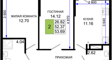 2-к. квартира, 53&nbsp;м²