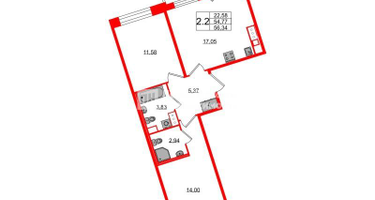2-к. квартира, 54 м²
