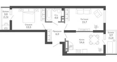 2-к. квартира, 57&nbsp;м²