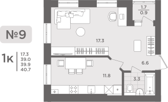 1-к. квартира, 39&nbsp;м²