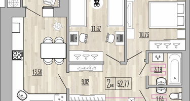 2-к. квартира, 52&nbsp;м²