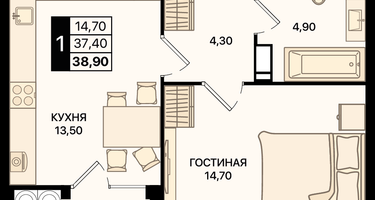 1-к. квартира, 38 м²