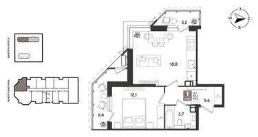1-к. квартира, 49&nbsp;м²