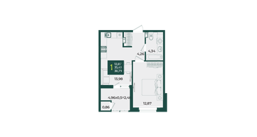 1-к. квартира, 38&nbsp;м²