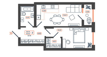 2-к. квартира, 57&nbsp;м²