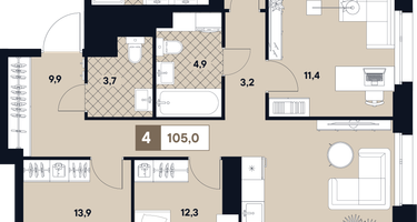 4-к. квартира, 105 м²