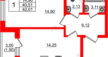 1-к. квартира, 42&nbsp;м²