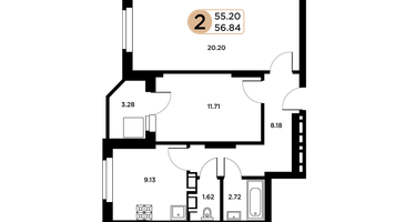 2-к. квартира, 57&nbsp;м²