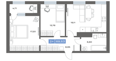 2-к. квартира, 69 м²