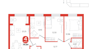 4-к. квартира, 74&nbsp;м²
