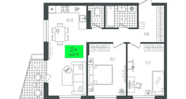 2-к. квартира, 64 м²