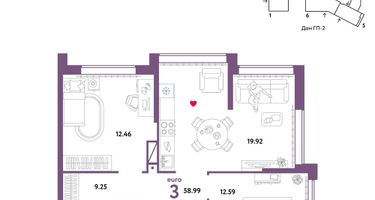 3-к. квартира, 58&nbsp;м²
