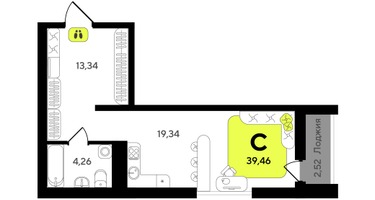 Студия, 39&nbsp;м²