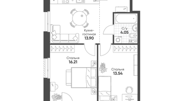 2-к. квартира, 57 м²