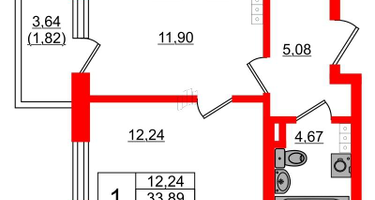 1-к. квартира, 34&nbsp;м²