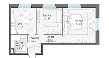 2-к. квартира, 57&nbsp;м²