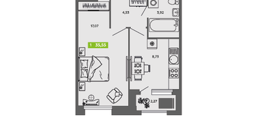 1-к. квартира, 35&nbsp;м²