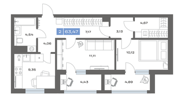2-к. квартира, 63&nbsp;м²