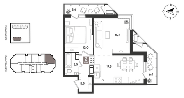 2-к. квартира, 66&nbsp;м²
