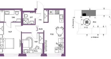 3-к. квартира, 56&nbsp;м²
