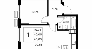 1-к. квартира, 40&nbsp;м²