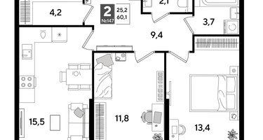 2-к. квартира, 59&nbsp;м²
