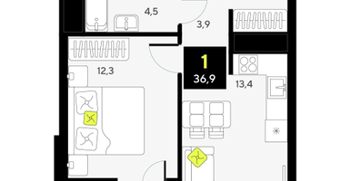 1-к. квартира, 36&nbsp;м²