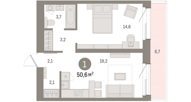 1-к. квартира, 50&nbsp;м²