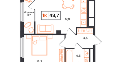 1-к. квартира, 43&nbsp;м²