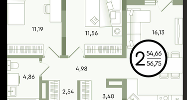 2-к. квартира, 56 м²