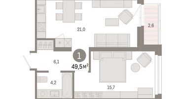 1-к. квартира, 49&nbsp;м²