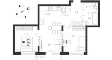 3-к. квартира, 55 м²