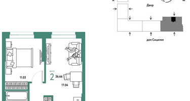 2-к. квартира, 36&nbsp;м²