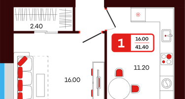 1-к. квартира, 41 м²