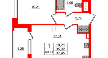 1-к. квартира, 35&nbsp;м²