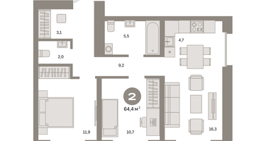 2-к. квартира, 64 м²