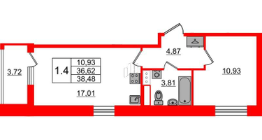 1-к. квартира, 36&nbsp;м²