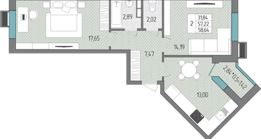 2-к. квартира, 58&nbsp;м²
