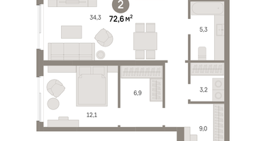 2-к. квартира, 72 м²