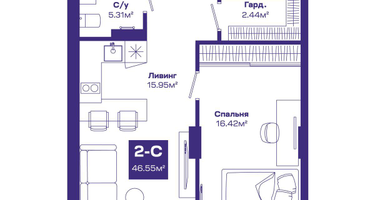 2-к. квартира, 46&nbsp;м²